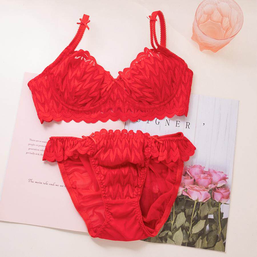 法式蕾丝舒适超薄款透气兔耳朵大红色本命年新年内衣套装内衣内裤