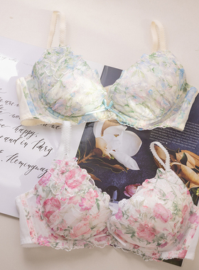 日系少女可爱甜美碎花纯欲低鸡心有钢圈内衣套装内衣内裤女65EF夏
