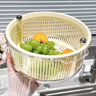 双层旋转沥水篮圆珠镂空设计家用清洗收纳菜篮子洗水果盘淘米篮