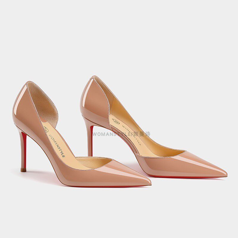 百搭裸色漆皮尖头侧空高跟鞋细跟红底浅口气质女鞋2025新款通勤鞋