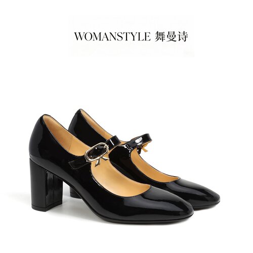 真皮玛丽珍鞋女粗跟一字带系扣
