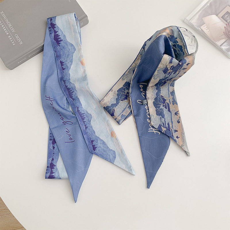 原创复古仙鹤艺术长条绑发小丝巾