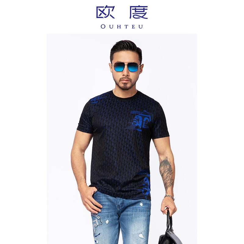 ouhteu/欧度男士短袖t恤圆领黑色时尚修身版夏季