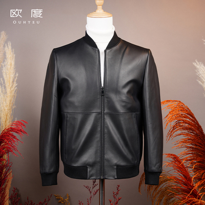 OUHTEU/欧度【绵羊皮革】黑色棒球领皮衣男合体版春秋季7311