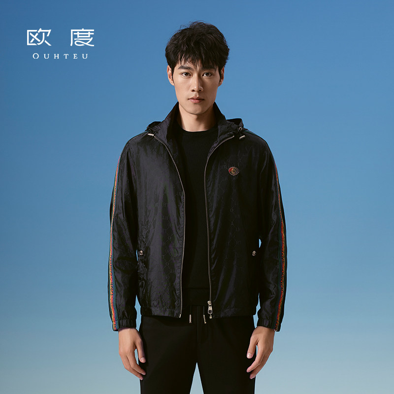 OUHTEU/欧度【锦纶】时尚带帽夹克外套黑修身版春秋季3234