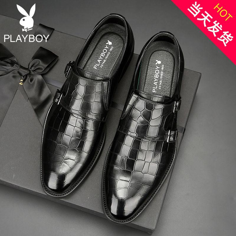 花花公子男鞋冬季休闲皮鞋男韩版潮商务英伦压纹真皮鞋子男孟克鞋