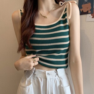 修身 夏季 显瘦针织上衣 女装 ins风拼色条纹小众吊带背心胖妹妹大码