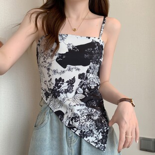 吊带背心潮 夏季 胖妹妹复古chic风别致水墨画设计打底上衣大码 女装