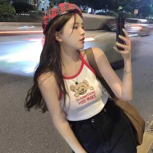 修身 女装 针织上衣潮 胖妹妹大码 鬼马少女感小熊刺绣吊带小背心夏季