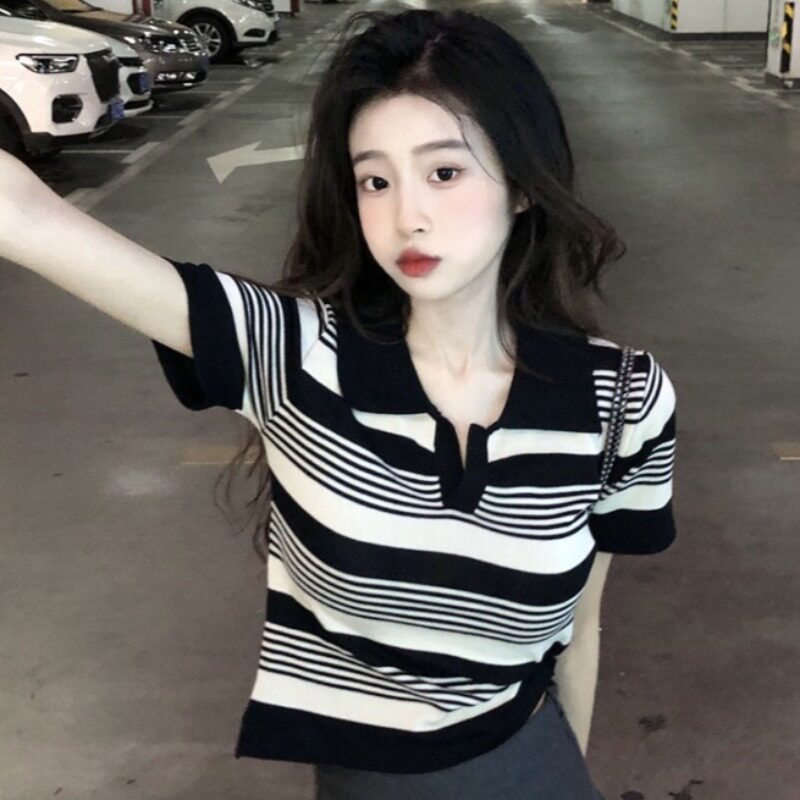 设计感别致正肩拼色条纹针织衫微胖妹妹大码女装修身显瘦短袖T恤