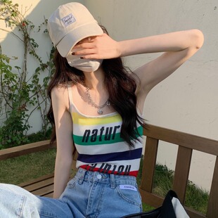 针织上衣潮 夏季 性感纯欲风彩色条纹拼接小众吊带背心胖MM大码 女装
