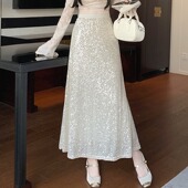 新款 秋季 重工亮片鱼尾半身裙高腰显瘦亮闪闪a字包臀长裙 女装 大码