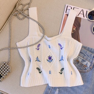 纯欲风镂空刺绣吊带背心胖妹妹百搭修身 女装 显瘦针织上衣 大码 夏季