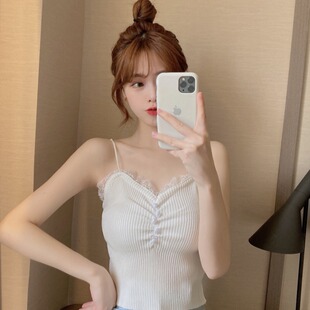 胖MM夏季 女装 显瘦针织上衣 气质百搭蕾丝拼接小众吊带背心大码 法式