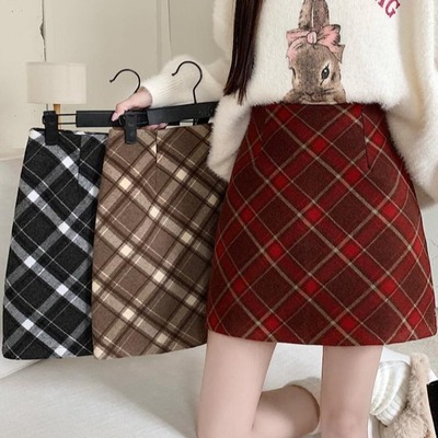 大码学院风红格纹半身短裙高腰包臀a字裙春秋胖mm复古百搭辣妹裙