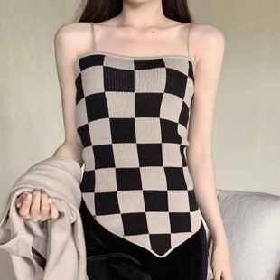 港味复古chic风撞色拼接格子小众针织背心大码 吊带上衣 胖妹妹夏装