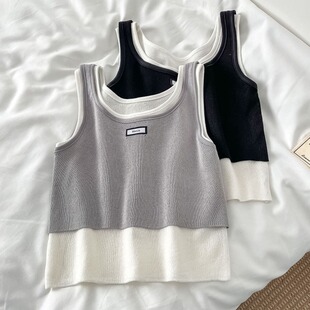 修身 胖妹妹夏季 吊带背心潮 女装 设计感撞色拼接假两件针织上衣大码