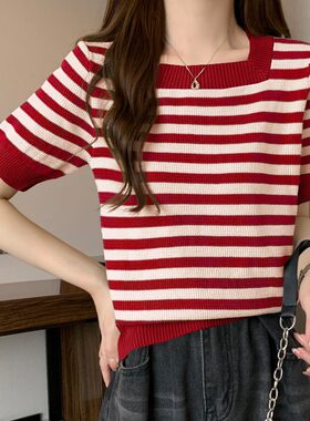2024新款撞色条纹拼接小众毛衣大码女装胖妹妹韩版宽松显瘦针织衫