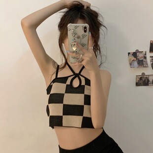 新款 夏季 性感小心机棋盘格拼接挂脖上衣胖妹妹针织背心潮 女装 大码