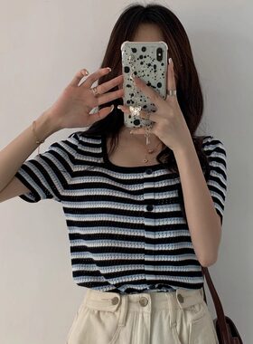 微胖妹妹撞色条纹拼接方领针织衫大码女装夏季宽松显瘦套头毛衣潮