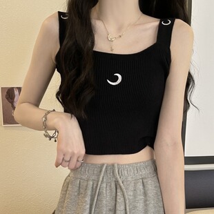 显瘦针织上衣 胖妹妹修身 韩版 chic风学生百搭月亮刺绣吊带背心大码
