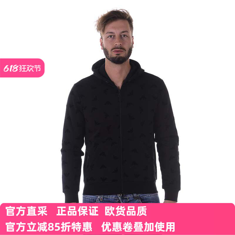 ARMANI JEANS男士 AJ秋冬黑色连帽开衫卫衣 6Y6M676JEBZ棉特惠