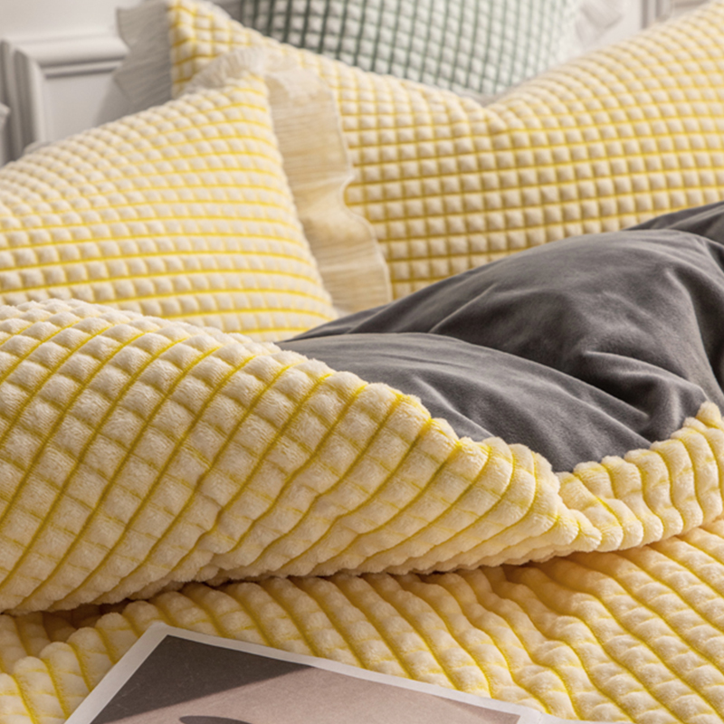 牛奶绒四件套床裙款冬季加厚珊瑚绒被套H双面加绒法兰绒床单三件