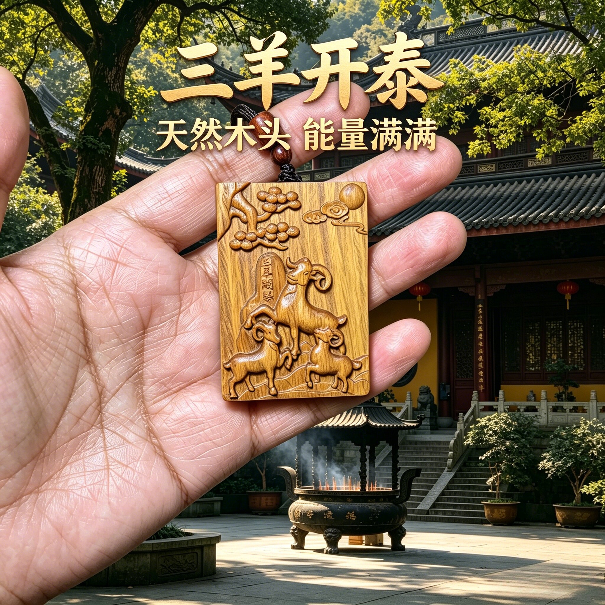 枣木三羊开泰生肖羊木牌挂件佩戴椭圆转运求学平安符转运木雕护身