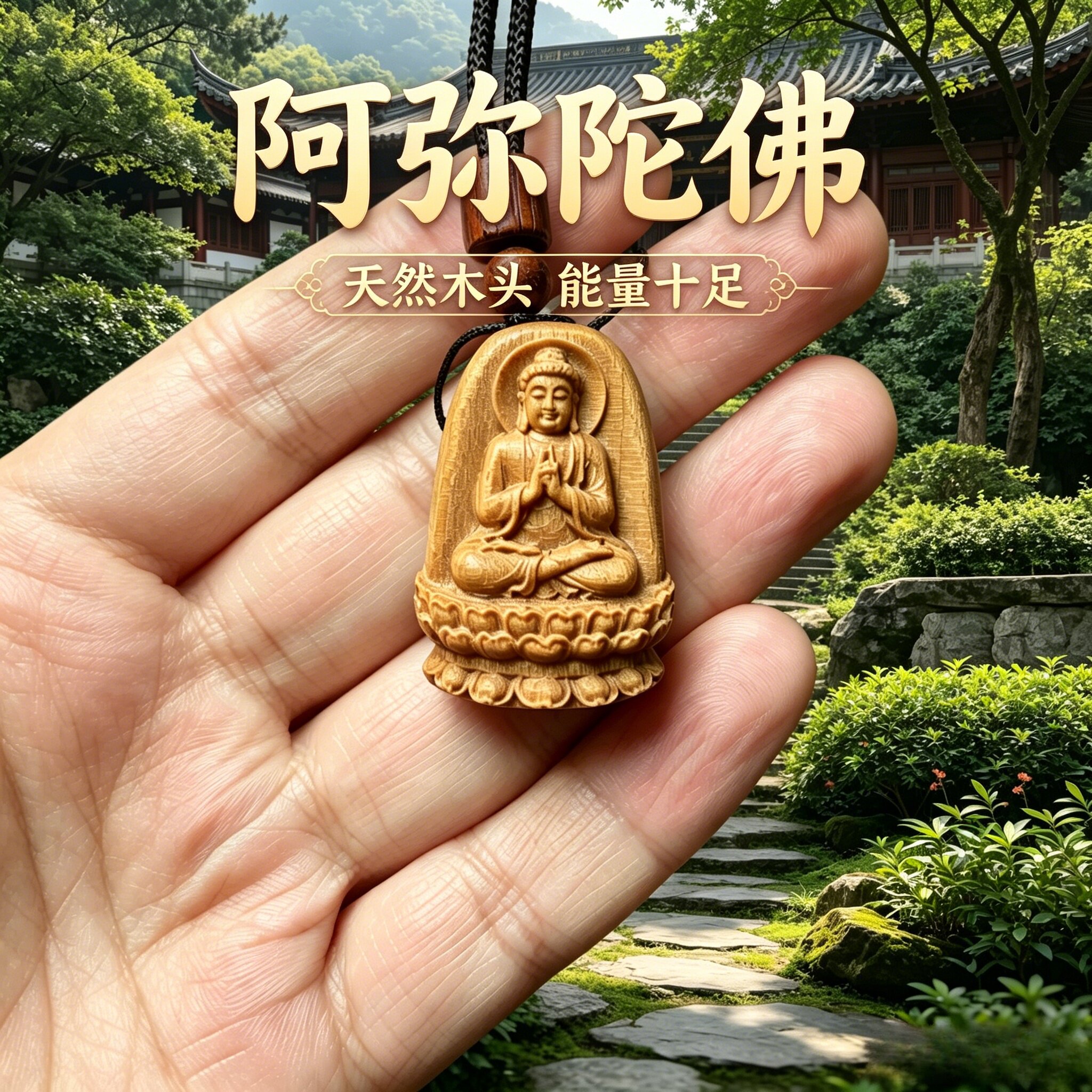绿檀木阿弥陀佛守护神佩戴46牌挂件圆牌平安符护身求学护身符木雕