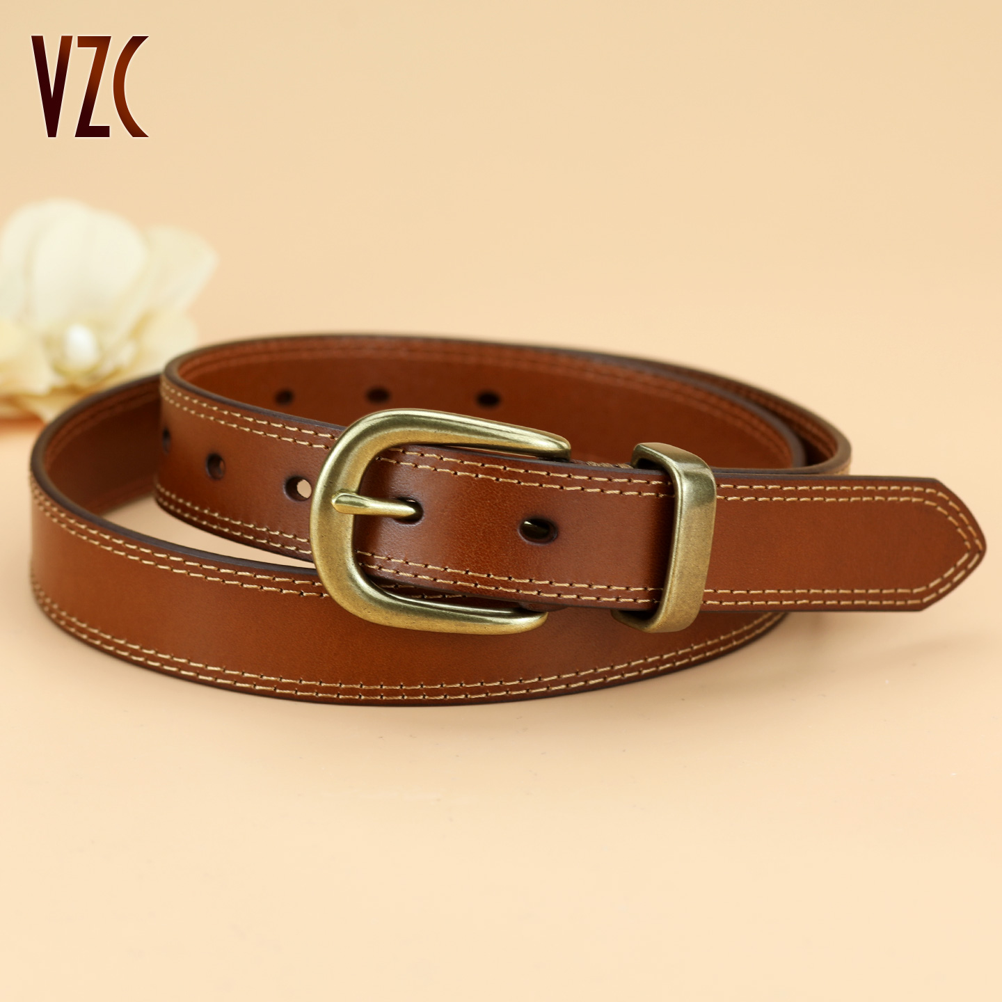 皮带女款真皮头层纯牛皮咖棕色复古风宽腰带配裙牛仔裤腰带高级感