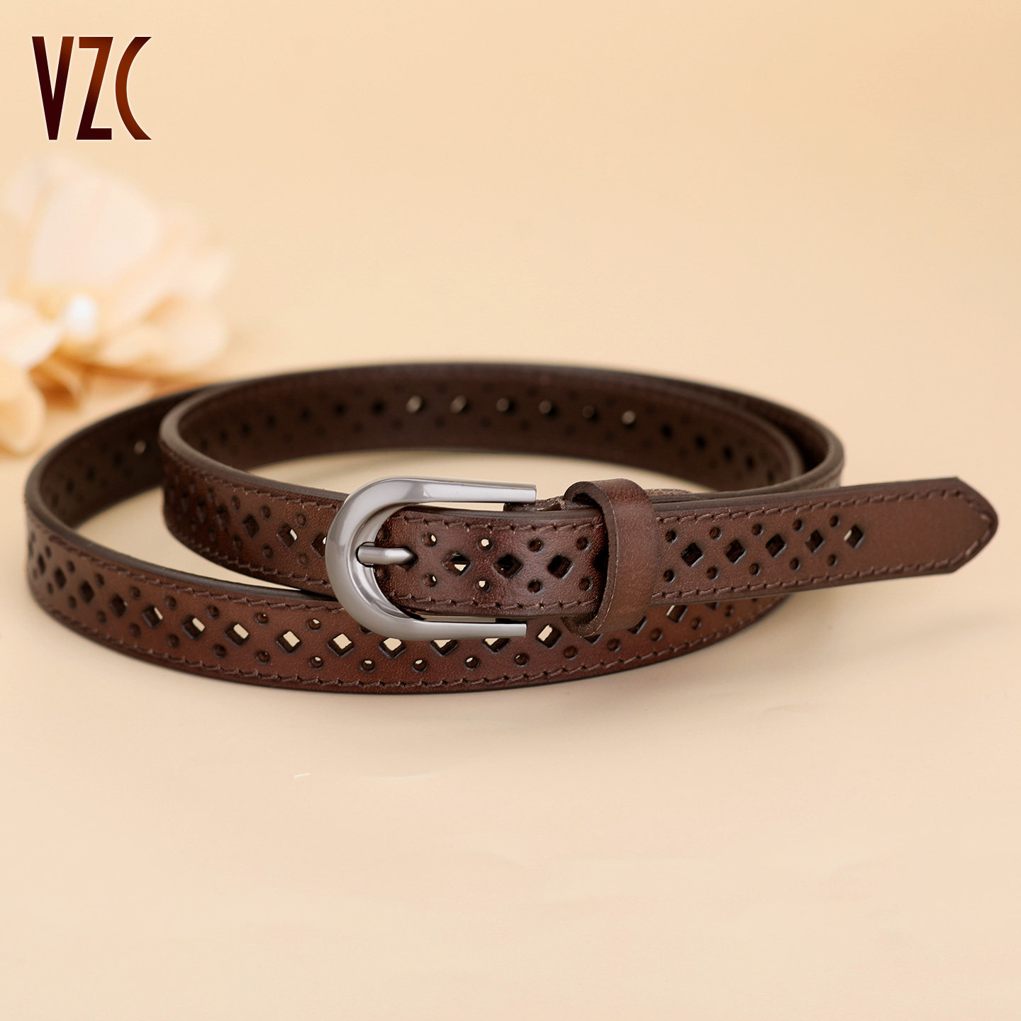 皮带女款真皮头层牛皮棕色镂空免打孔复古百搭装饰配裙牛仔裤腰带