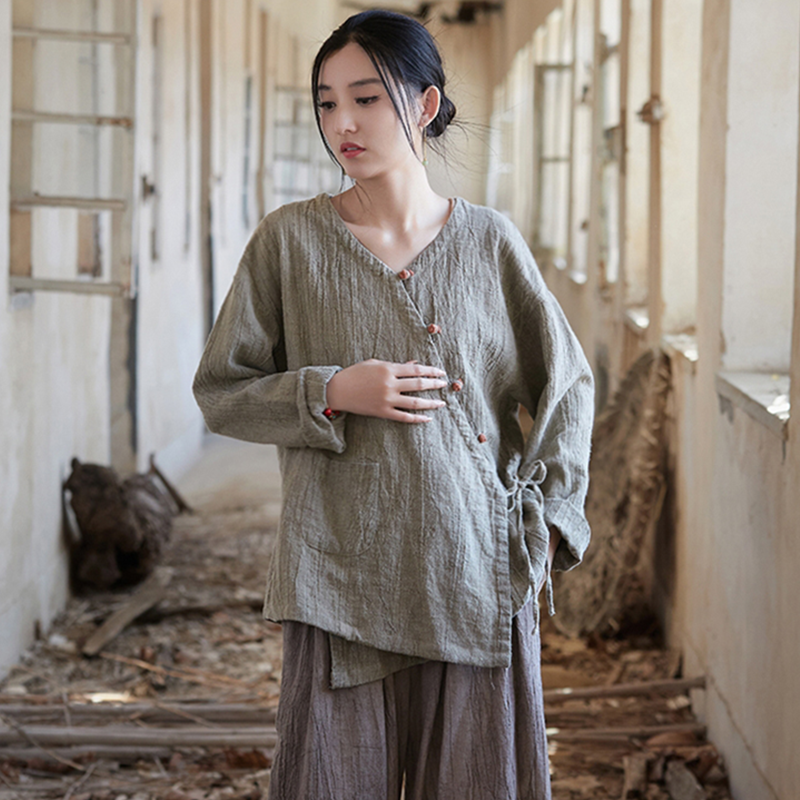 亚麻短款开衫棉麻上衣中国风衬衫