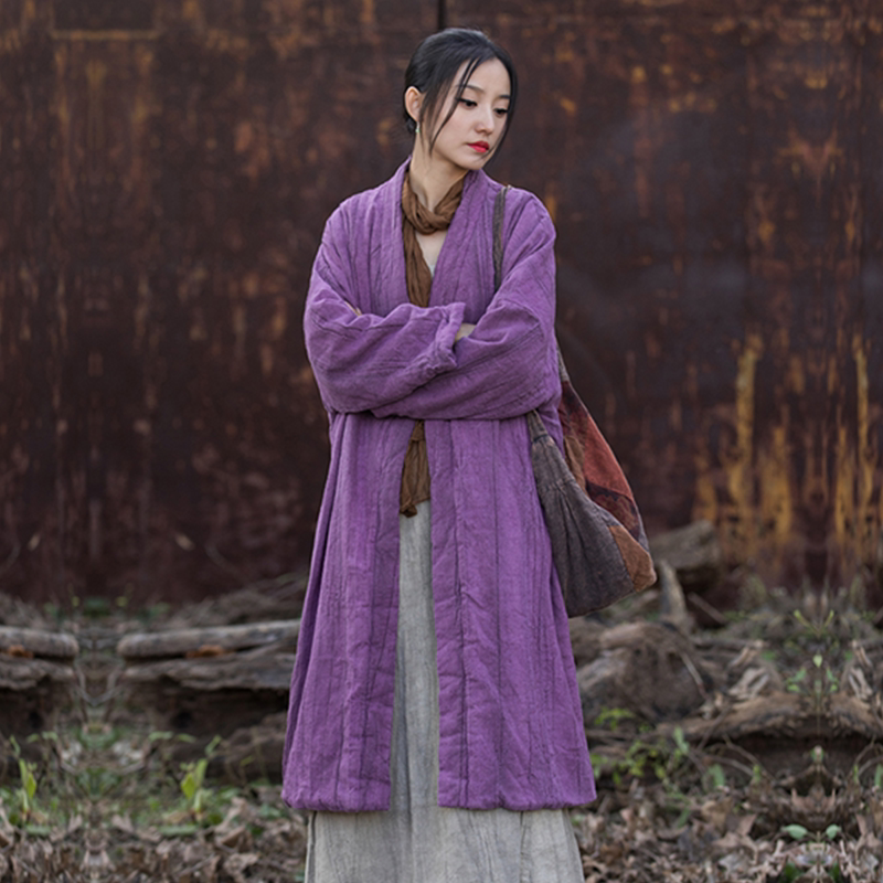 棉麻夹棉保暖棉衣秋冬季女装中长款禅意文艺复古宽松棉服棉袄外套
