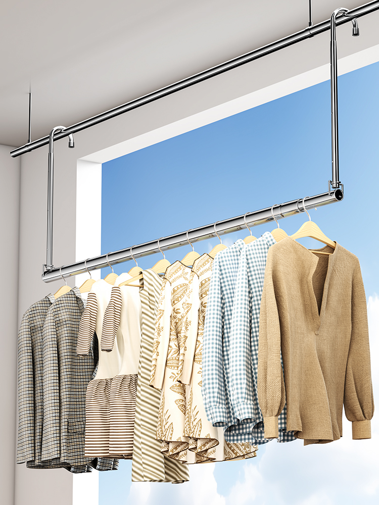 不锈钢伸缩晾衣杆室内室外阳台家用防盗窗免打孔被子悬挂式晾衣架