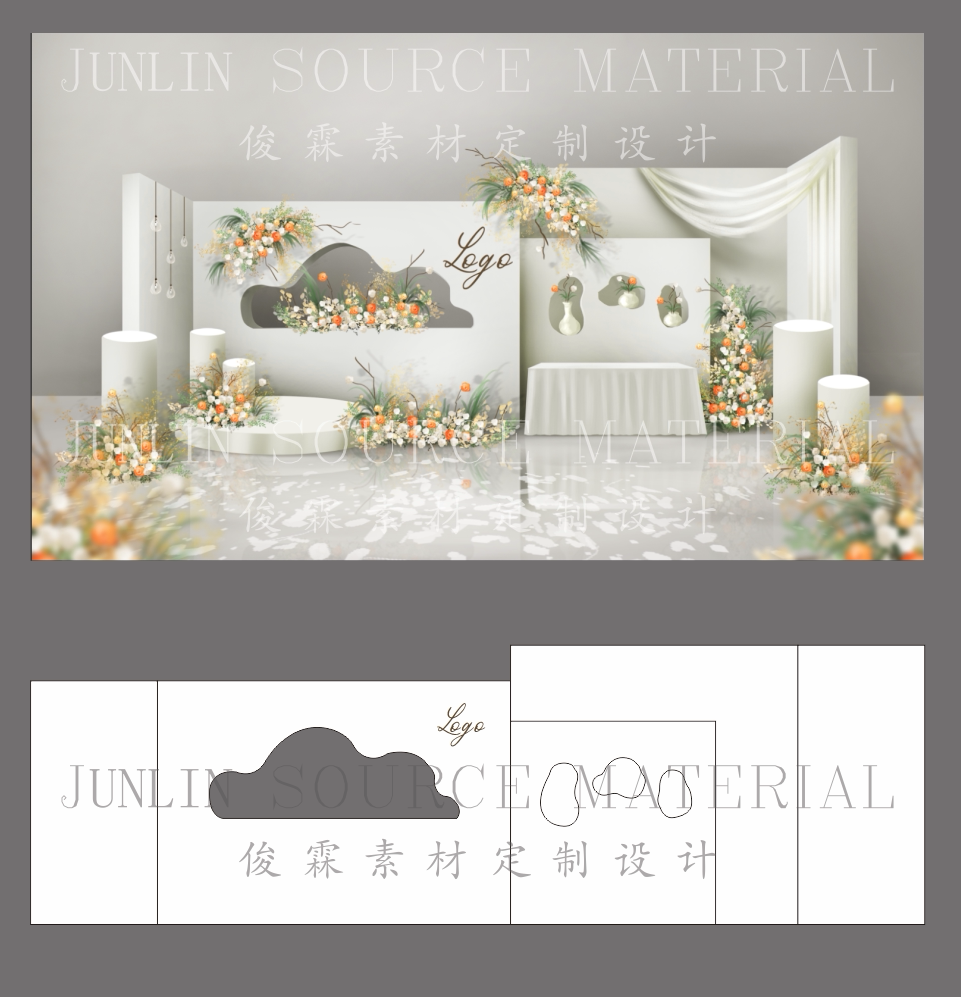 香槟白色婚礼背景墙设计效果图 莫兰迪色舞台布置psd模板素材