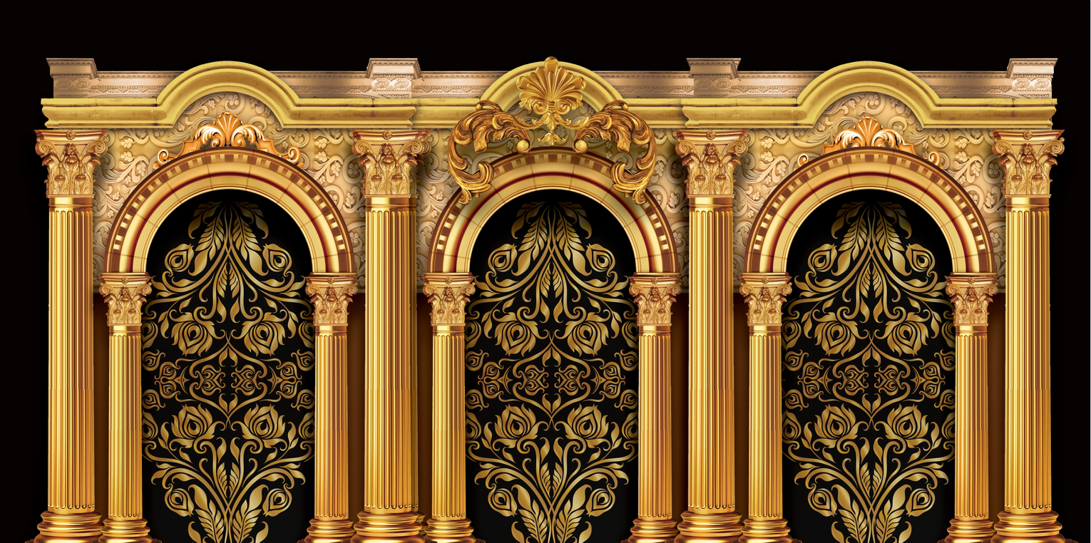 婚礼设计素材 金色欧式拱门罗马柱主题婚礼舞台喷绘 psd分层