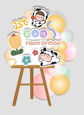 橙色奶牛花朵宝宝宴周岁百天生日派对水牌迎宾牌指引牌PS素材模板
