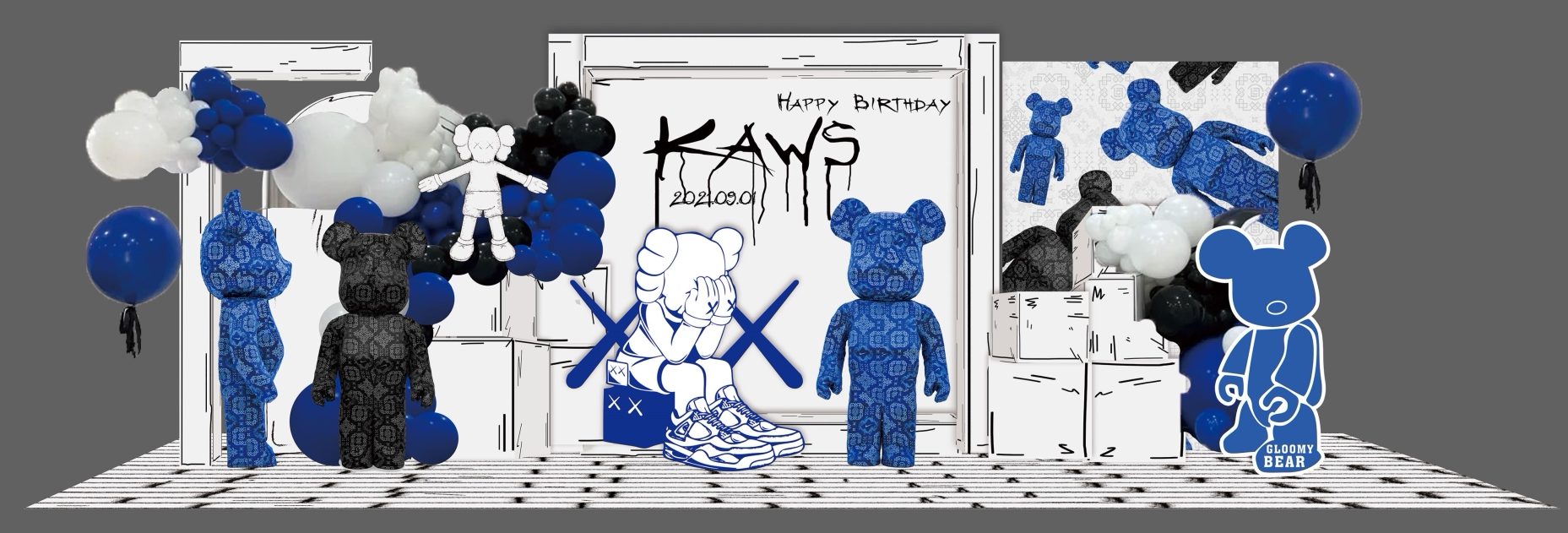 暴力熊潮品手绘宝石蓝色宝宝宴活动周岁男女生日派对背景设计素材