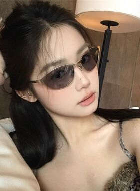 金属框复古时尚猫眼小众设计感蓝色防晒太阳镜高级感美式墨镜潮