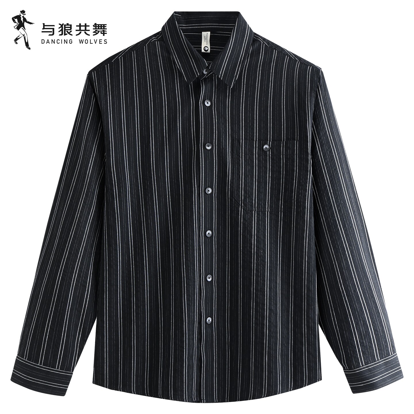 与狼共舞男士条纹提花长袖衬衫