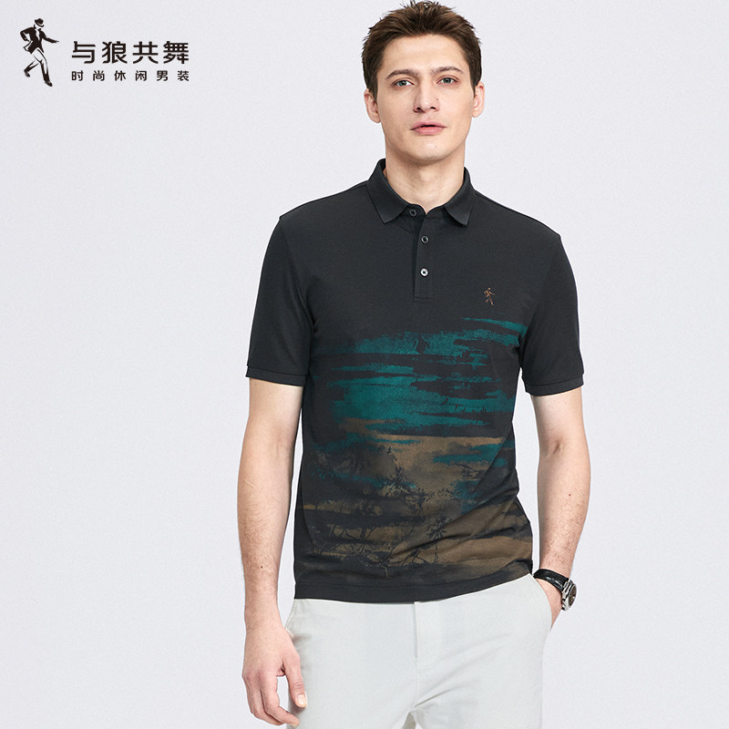 【渐变印花】与狼共舞桑蚕丝短袖T恤男翻领2024夏季新款POLO衫
