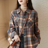 女长袖 春装 大码 磨毛格子衬衫 宽松复古叠穿上衣中长款 格纹衬衣外套