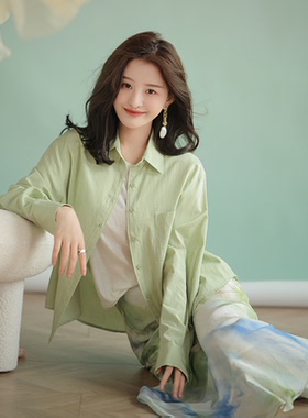 绿色纯棉衬衫女长袖简约通勤上衣女2023春夏新款小众别致小衫薄款