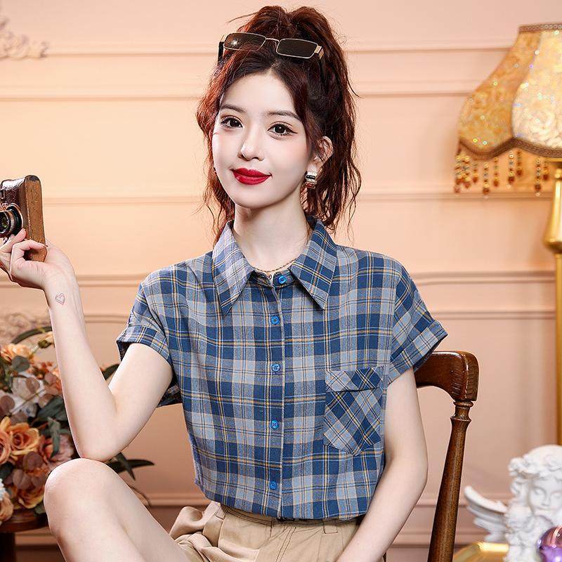 复古格纹短袖衬衫女夏季新款宽松显瘦格子短袖衬衣复古POLO领上衣,女装/女士精品,衬衫,淘宝优惠券,粉丝福利购,淘宝优惠卷