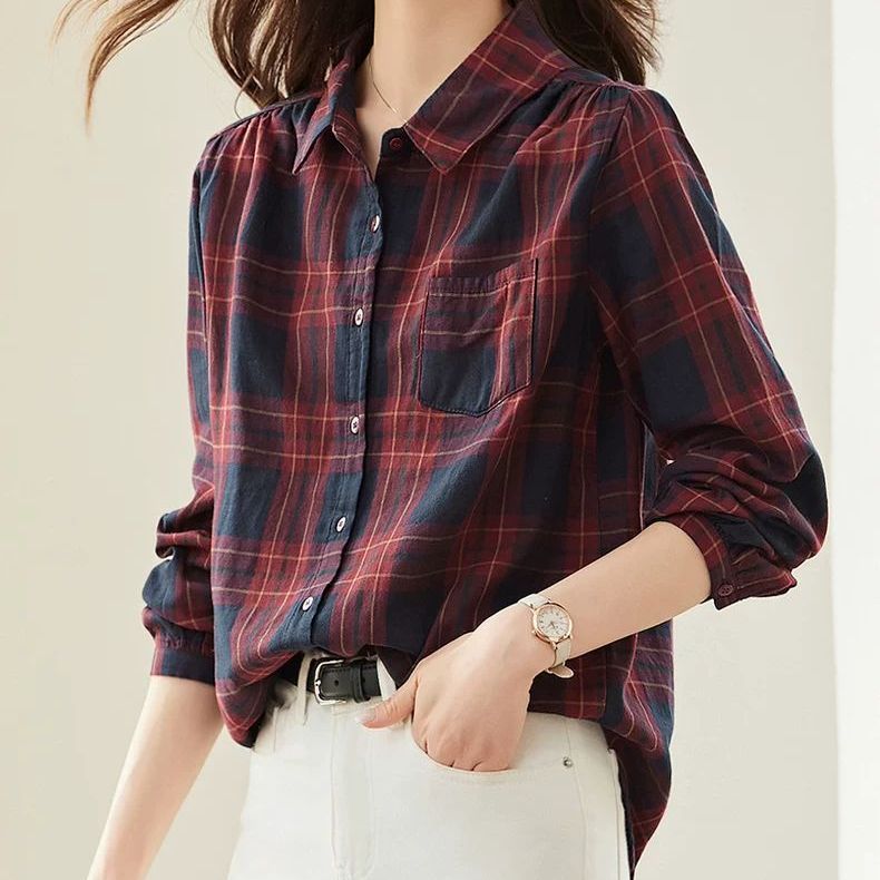 小众红格子双层纱棉布衬衫女