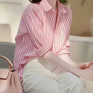 韩系气质粉色条纹长袖衬衫女2026春秋新款宽松休闲风百搭外套上衣