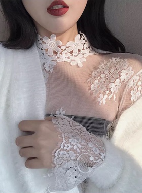 白色蕾丝网纱打底衫女秋冬新款皮草内搭显瘦时髦喇叭袖小衫上衣