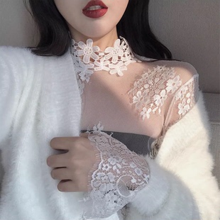 白色蕾丝网纱打底衫 皮草内搭显瘦时髦喇叭袖 小衫 上衣 女秋冬新款