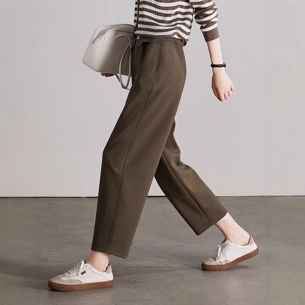 咖色加绒运动裤女小个子裤子秋冬新款显高八分裤哈伦裤显瘦卫裤