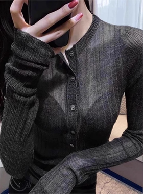 黑色半开领针织衫女春秋薄款性感微透修身显瘦套头长袖打底衫上衣